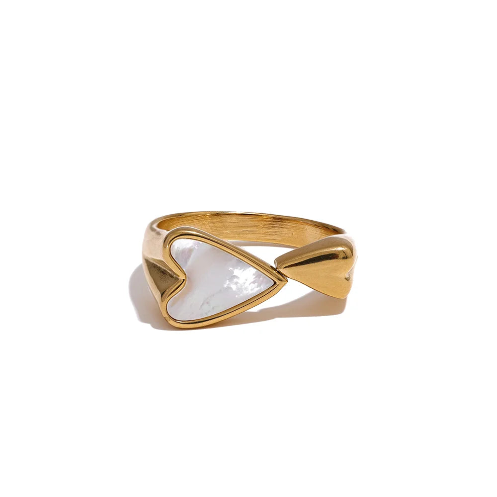Yhpup Shell Acrylic Heart Stainless Steel Stylish Ring for Women Charms Metal Texture Waterproof Golden Jewelry Gala Gift - YDKM