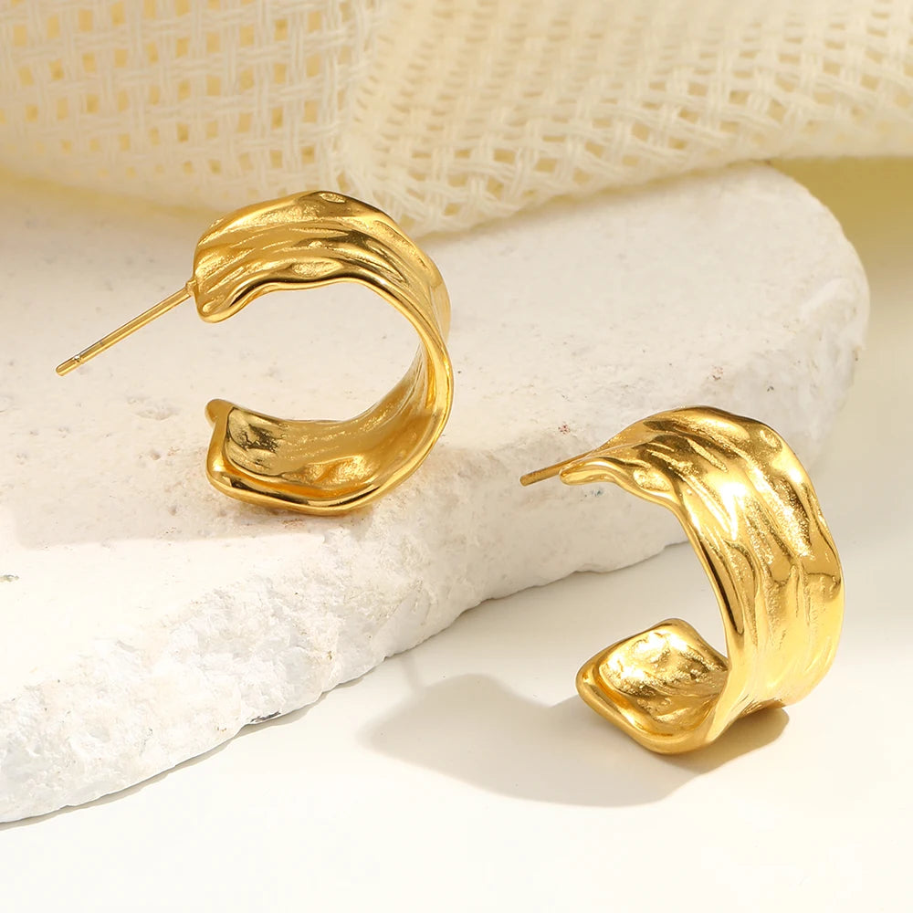 E.B.belle 2024Trendy Tin Foil Wide Gold Plated Hoop Earrings For Women Titanium Steel Ladies Minimalist Basic Gold Hoops Jewelry - YDKM