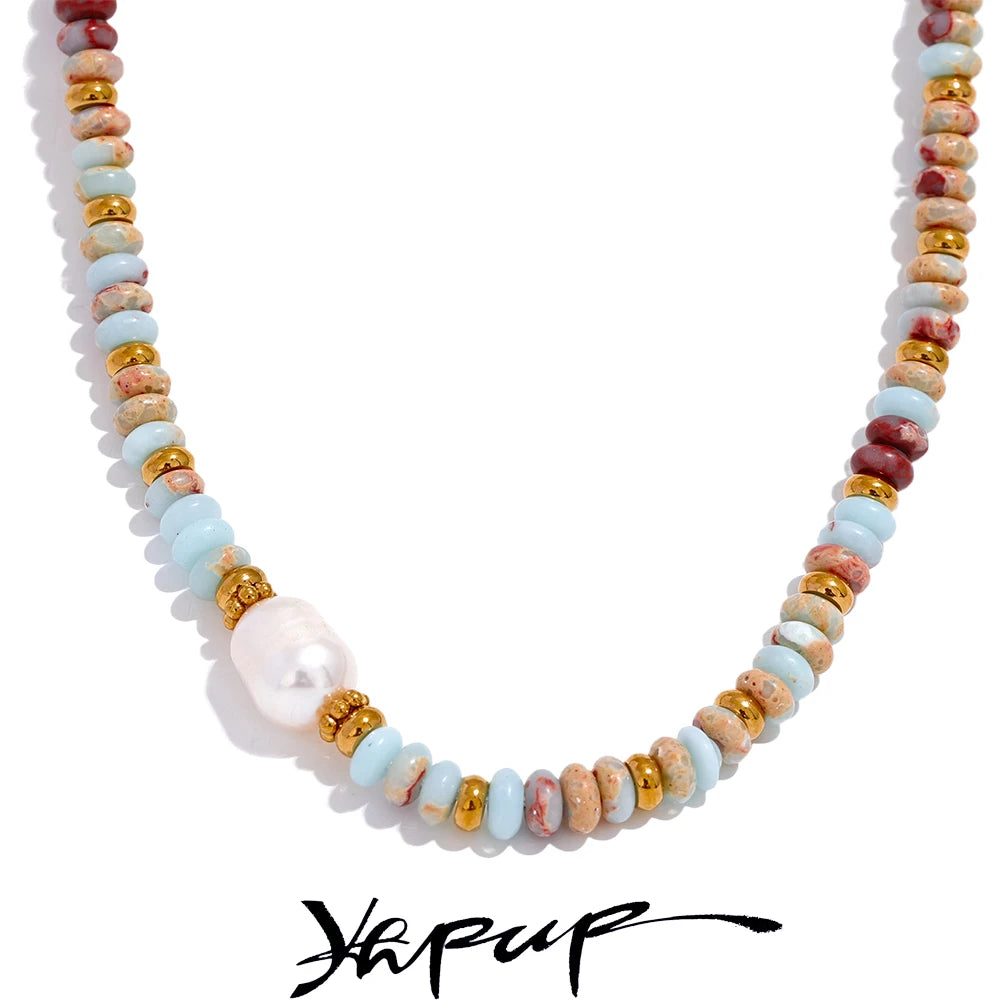 Yhpup Trendy Natural Stone Freshwater Pearl Collar Chain Necklace Stainless Steel Handmade Stylish Beads Jewelry Bijoux Gift - YDKM
