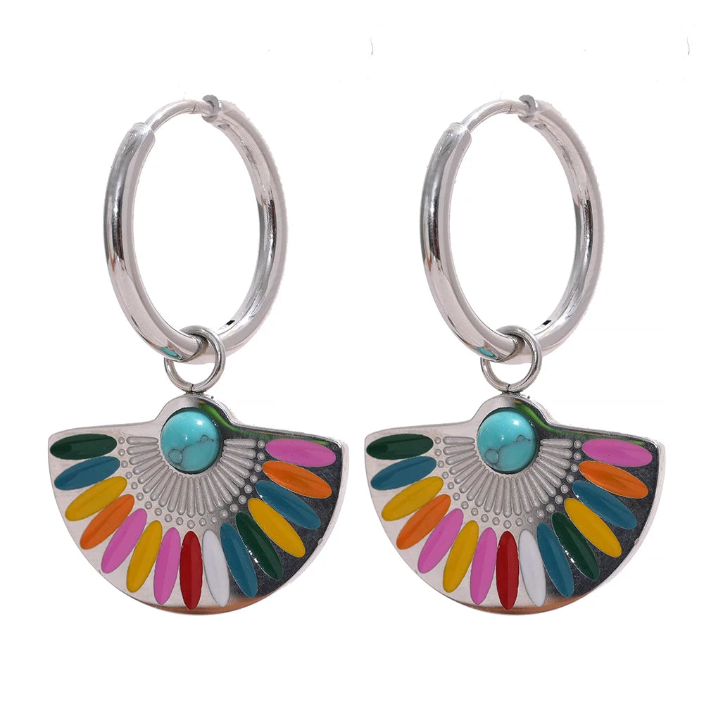 Yhpup Y2K Colorful Enamel Stainless Steel Fan Geometric Bohemian Rainbow Drop Hoop Earrings Women Trendy Fashion Charm Jewelry - YDKM