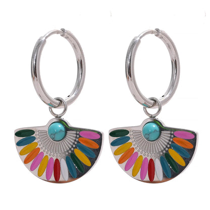 Yhpup Y2K Colorful Enamel Stainless Steel Fan Geometric Bohemian Rainbow Drop Hoop Earrings Women Trendy Fashion Charm Jewelry - YDKM