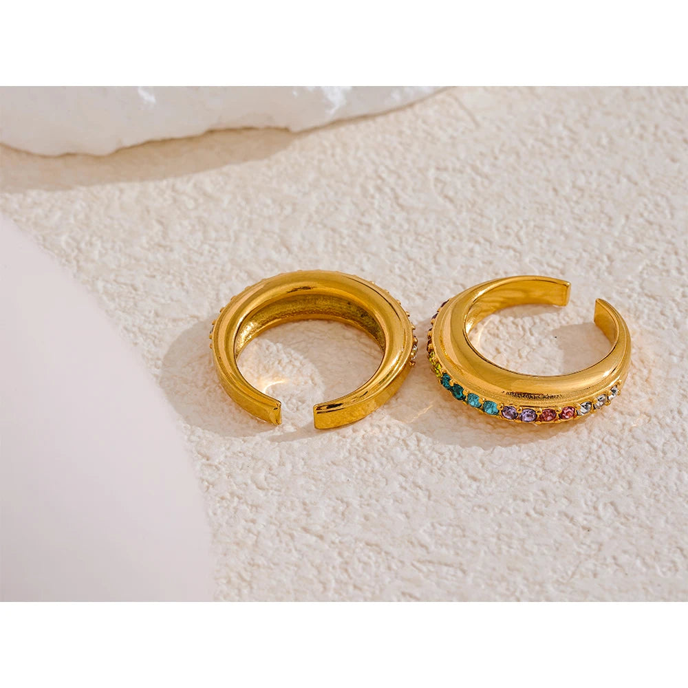 Yhpup Colorful White Cubic Zirconia Stainless Steel Fashion Open Ring Non-adjustable Golden Jewelry Water Resistant New - YDKM