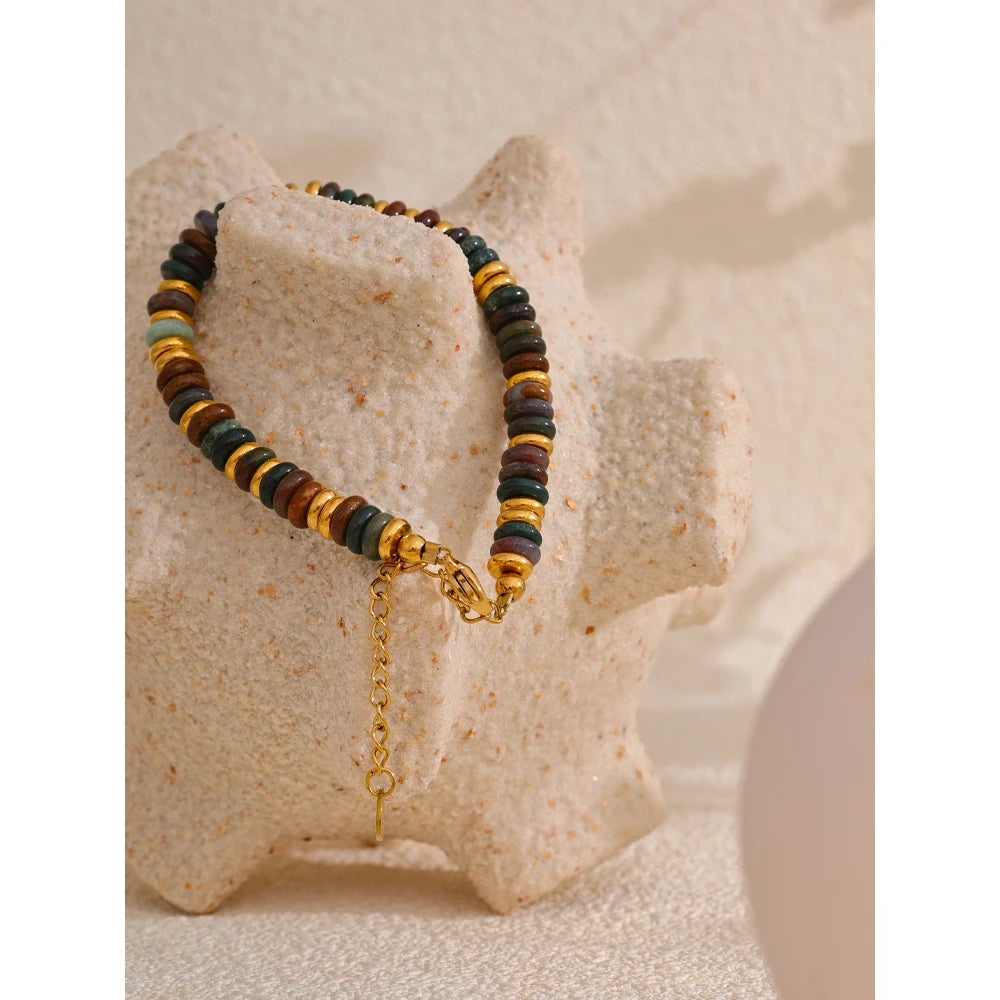 Yhpup Colorful Natural Stone Beads Chain Handmade Bracelet Bangle Waterproof Bohemia Stainless Steel Y2K Trendy Jewelry Gift - YDKM