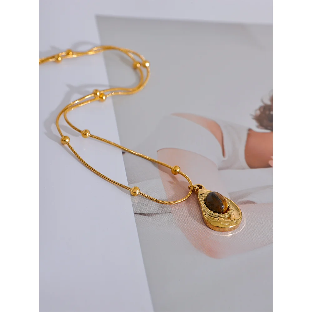 Yhpup Stainless Steel Cashew Drop Inlaid Natural Tiger Stone Pendant Necklace Rust Proof 18K PVD Plated Chain Neck Jewelry - YDKM