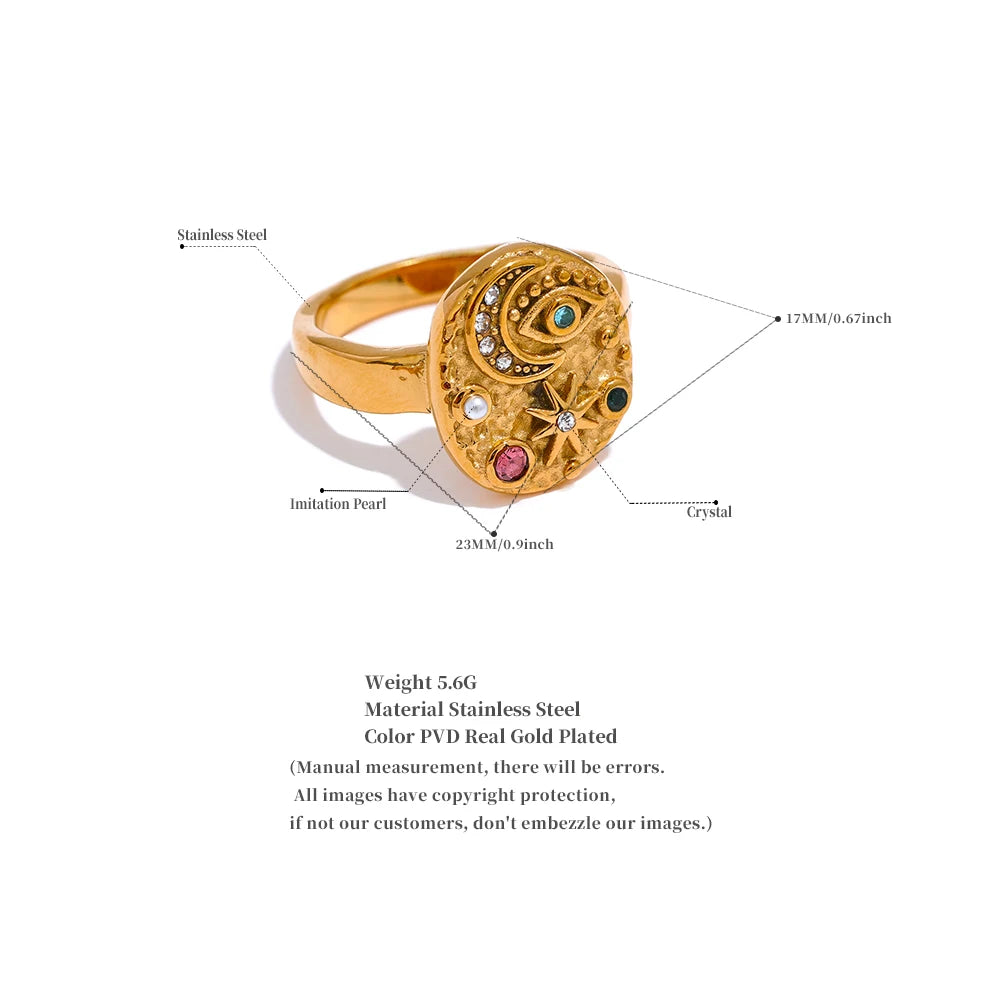 Yhpup Stainless Steel Star Moon Eye Charms Ring Colorful CZ Zirconia 18K Gold Color High Quality Celestial Jewelry Women Gala - YDKM
