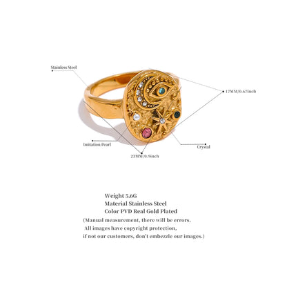 Yhpup Stainless Steel Star Moon Eye Charms Ring Colorful CZ Zirconia 18K Gold Color High Quality Celestial Jewelry Women Gala - YDKM