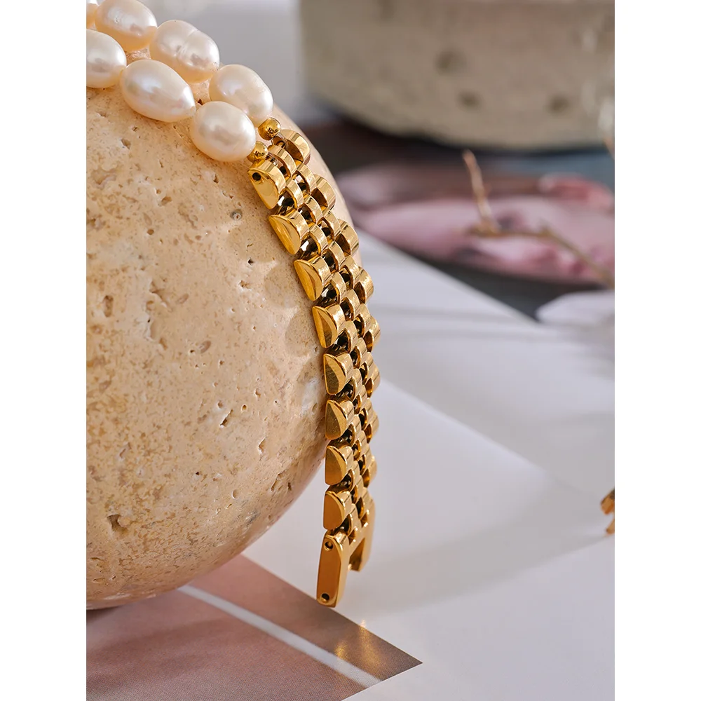 Yhpup Luxury Natural Pearls Cuban Chain 316L Stainless Steel Bracelet Bangle High Quality Women Gold Color Premium Jewelry Gift - YDKM
