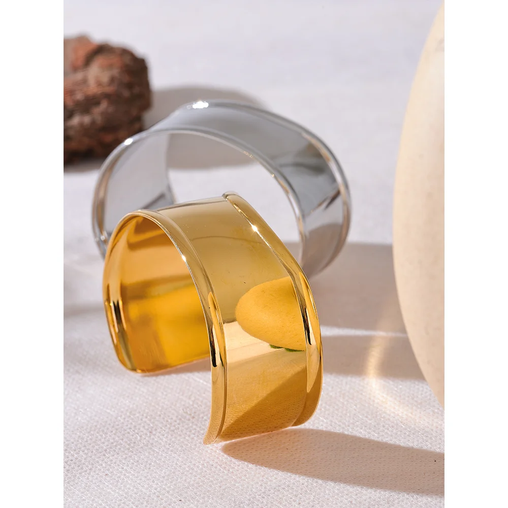 Yhpup High Quality Stainless Steel Metal Wide Cuff Open Bracelet Bangle Waterproof Texture Personalized Unisex Jewelry Bijoux - YDKM