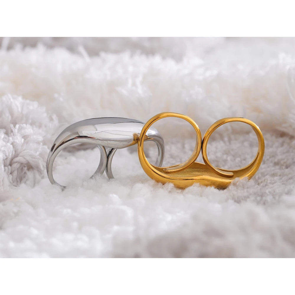 Yhpup 2024 Stainless Steel Metal Double Finger Geometric Ring Personality Rust Proof Attractive Big Exaggerated Jewelry Gift - YDKM