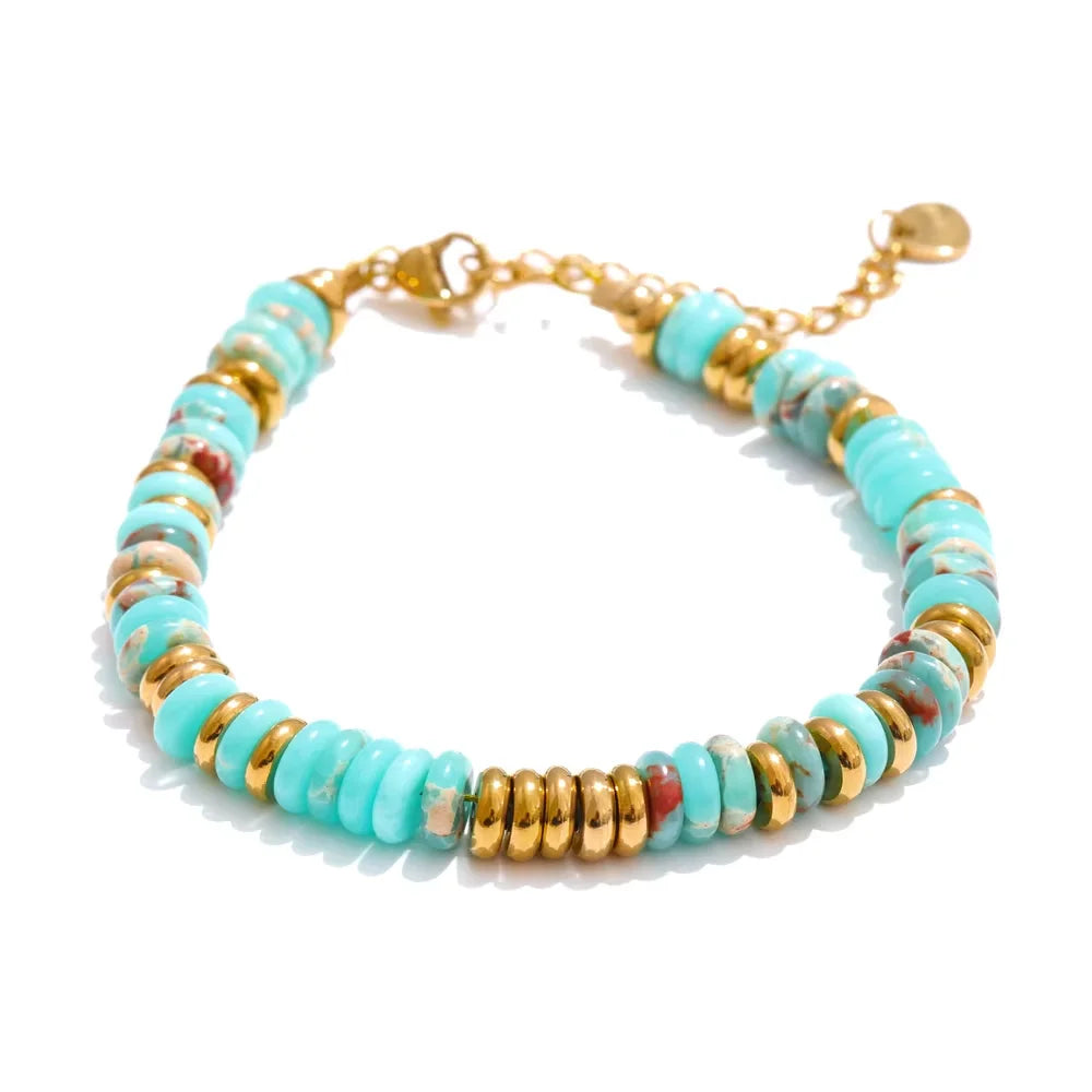Yhpup Colorful Natural Stone Beads Chain Handmade Bracelet Bangle Waterproof Bohemia Stainless Steel Y2K Trendy Jewelry Gift - YDKM