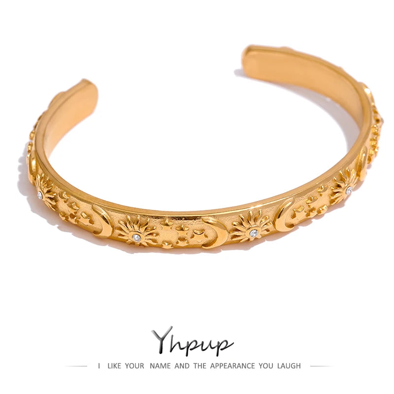 Yhpup Golden Stainless Steel Moon Star Sun Bangle Bracelet  Stylish Metal Open Wrist браслеты на руку женкие Party Gift - YDKM
