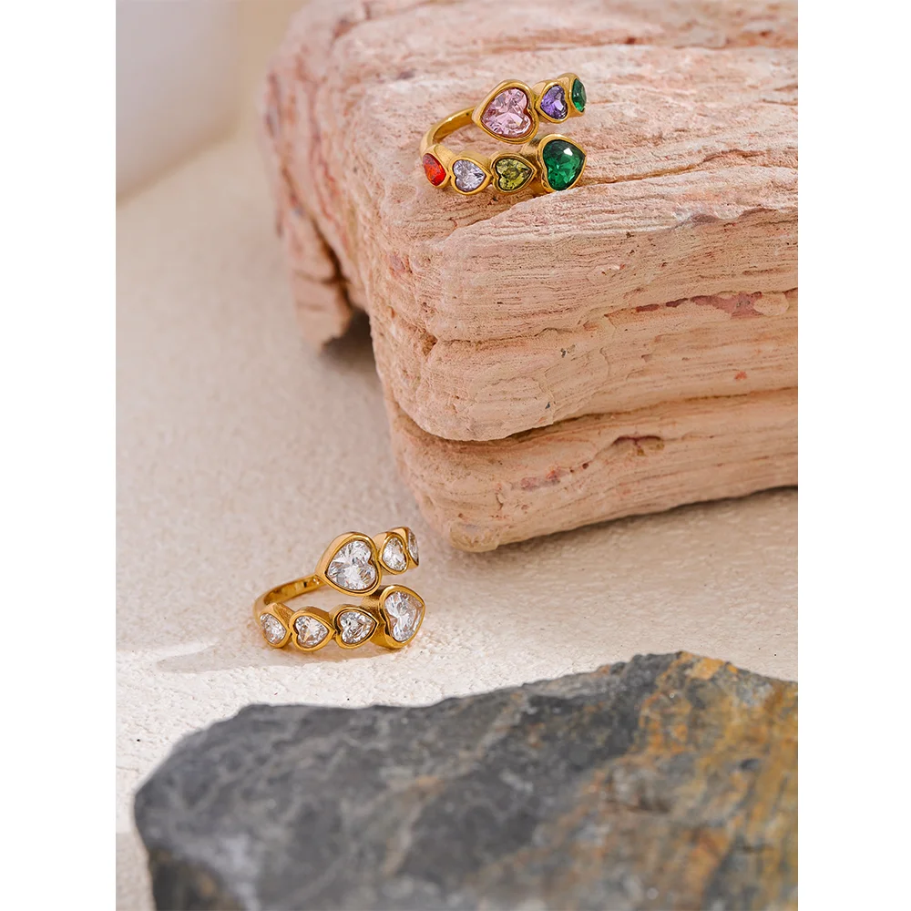 Yhpup Delicate Cubic Zirconia Heart Stainless Steel Gold Color Adjustable Fashion Open Ring High Quality Chic Charm Jewelry - YDKM