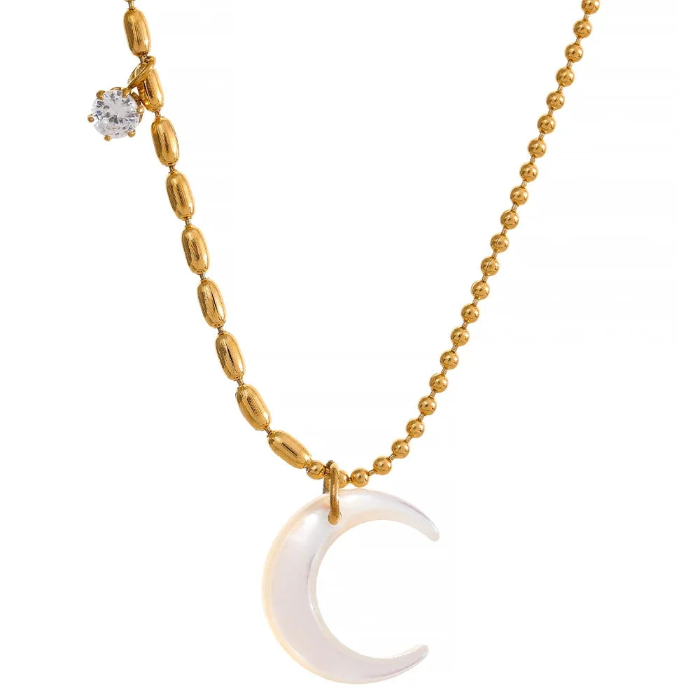 Stainless Steel White Shell Moon Pendant Chic Necklace - YDKM