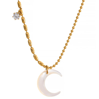 Stainless Steel White Shell Moon Pendant Chic Necklace - YDKM