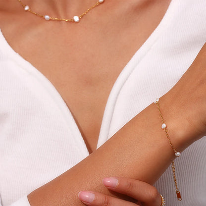 E.B.belle Anti-allergy Stainless Steel Chain Freshwater Pearl Chain Necklace Bracelets For Women Gold Plated Jewelry Set - YDKM