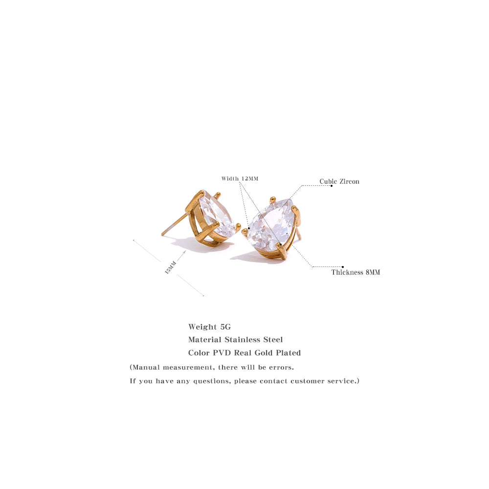 Yhpup Shinny AAA Cubic Zirconia Stainless Steel Water Drop Stud Earrings Women 18k Gold Plated Waterproof Fashion Bling Jewelry - YDKM
