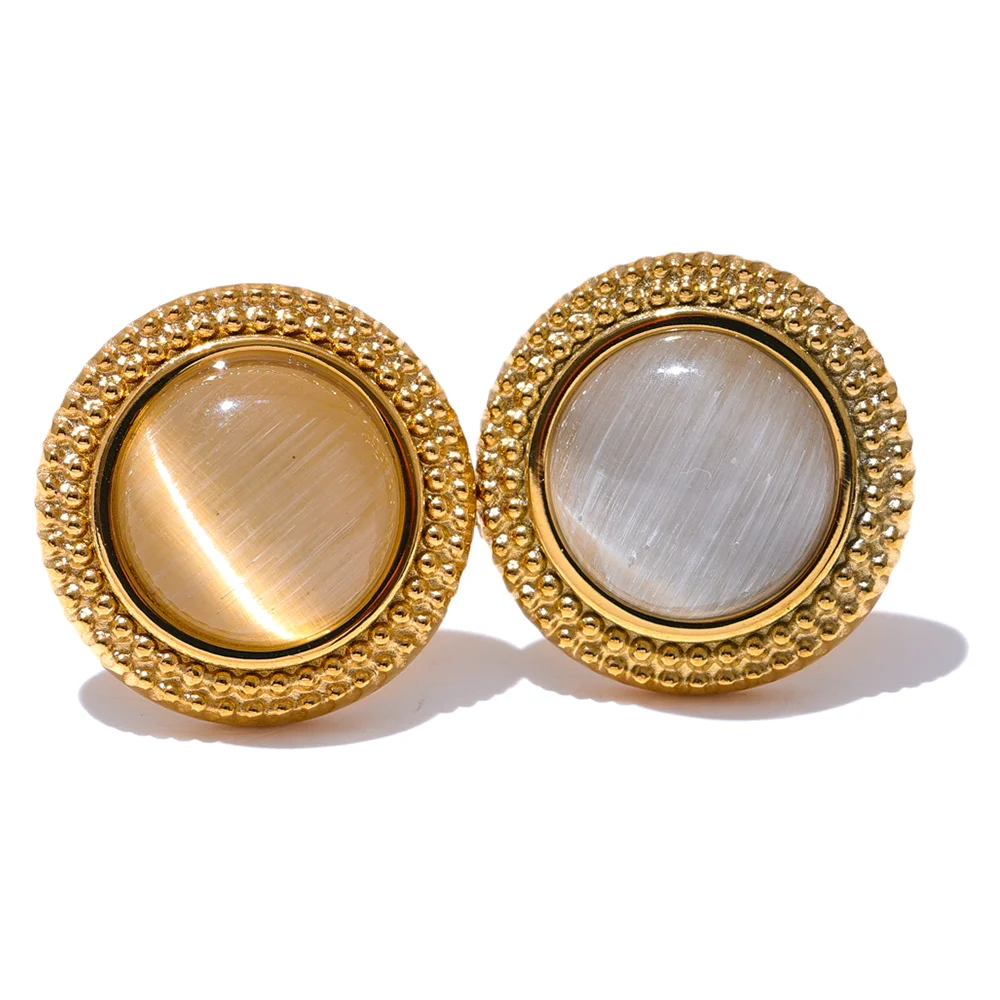 Yhpup Exquisite Natural Stone Stainless Steel Round Small Stud Earrings Waterproof Trendy High Quality Daily Jewelry Bijoux - YDKM