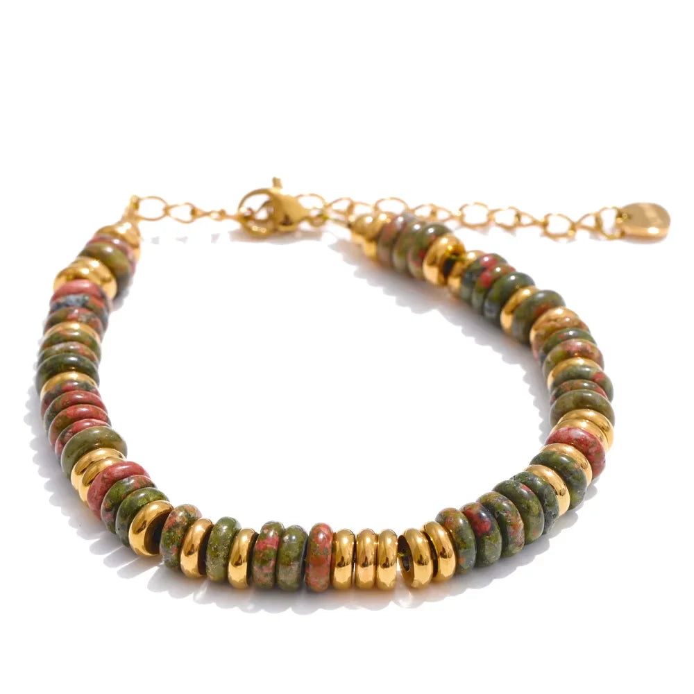 Yhpup Colorful Natural Stone Beads Chain Handmade Bracelet Bangle Waterproof Bohemia Stainless Steel Y2K Trendy Jewelry Gift - YDKM