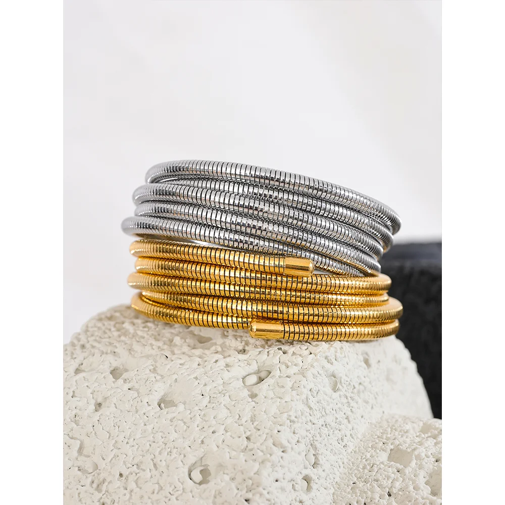 Yhpup Stainless Steel Stackable Multi-Layer Wrap Arm Bracelet Bangle Metal Elastic Waterproof Fashion Unisex Jewelry Men Women - YDKM