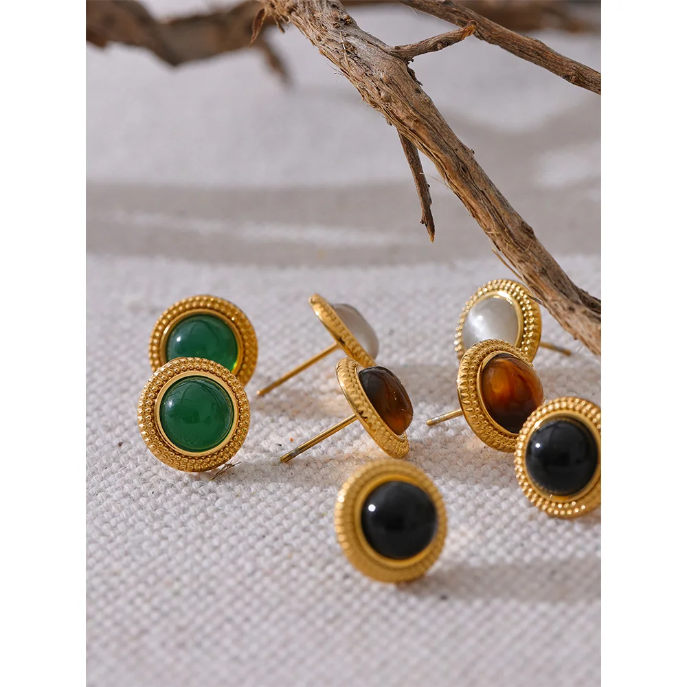 Yhpup Exquisite Natural Stone Stainless Steel Round Small Stud Earrings Waterproof Trendy High Quality Daily Jewelry Bijoux - YDKM