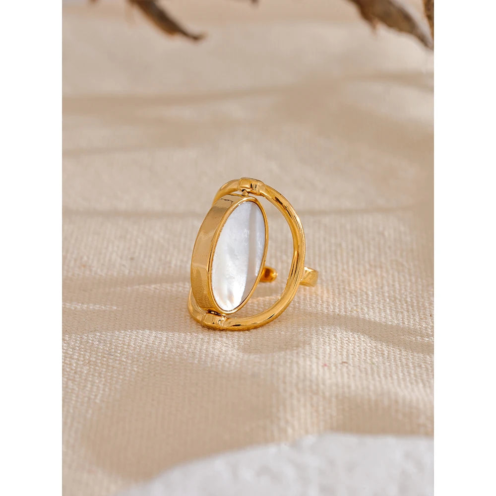 Yhpup Exclusive Natural Stone Shell Rotatable Open Ring France Exquisite Stainless Steel Unique Jewelry for Fashionable Women - YDKM