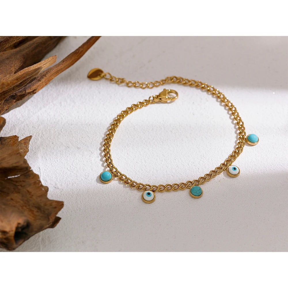 Yhpup Stainless Steel Turquoise Stone Resin Eye Charm Fashion Bracelet Bangle Golden Daily Trendy Jewelry for Female Браслет - YDKM