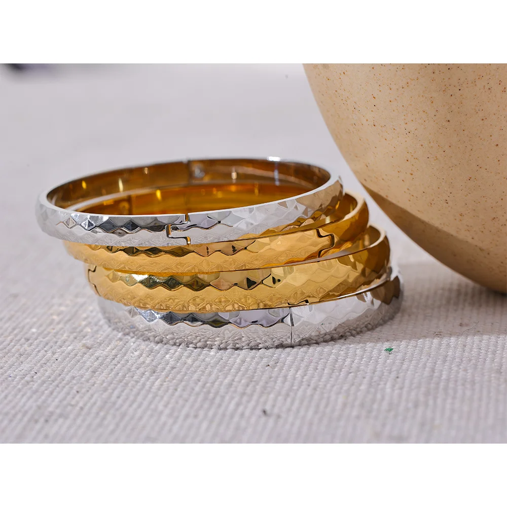 Yhpup 60mm 316l Stainless Steel Round Texture Bracelet Bangle Gold Silver Color Metal Waterproof Wrist Jewelry Bijoux Gift - YDKM