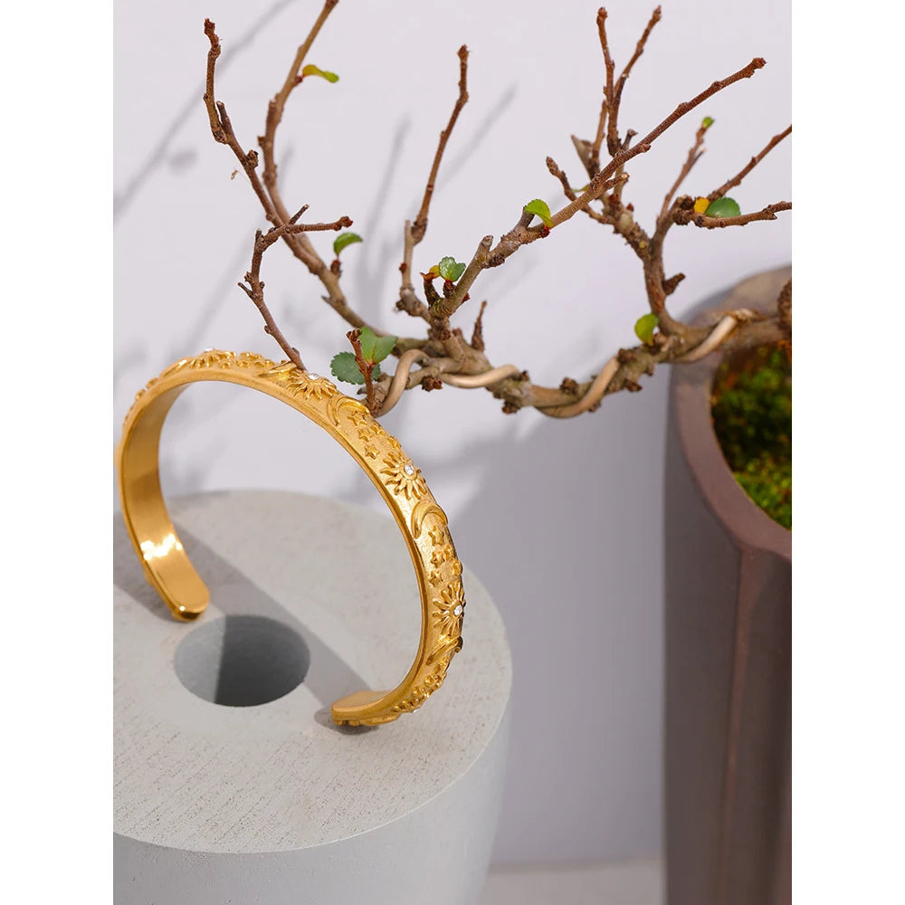 Yhpup Golden Stainless Steel Moon Star Sun Bangle Bracelet  Stylish Metal Open Wrist браслеты на руку женкие Party Gift - YDKM