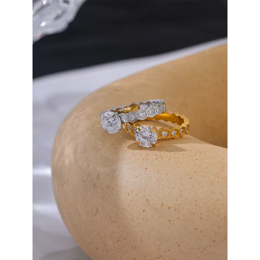 Yhpup Luxury AAA Bling Cubic Zirconia Classic Ring 2024 Stainless Steel CZ 18k Gold PVD Plated Fashion Exquisite Jewelry Gift - YDKM