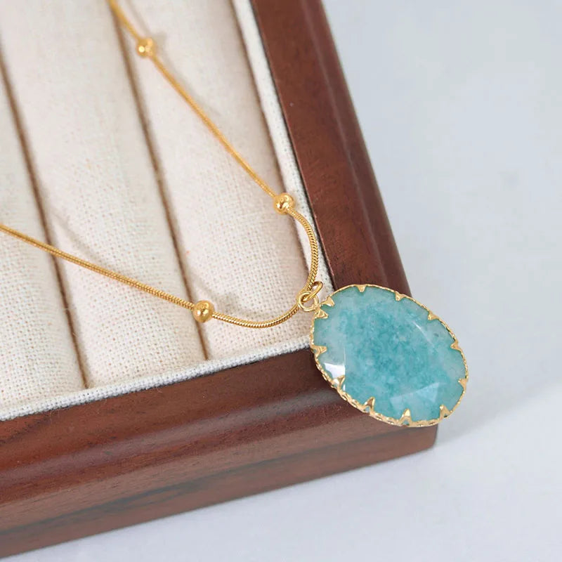 Green pink oval big stone pendant necklaces stainless steel necklaces for women summer holiday waterproof jewelry 2024new in - YDKM