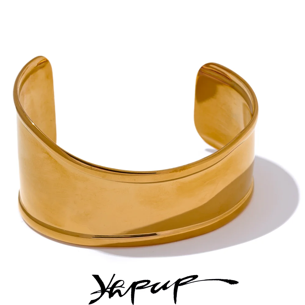Yhpup High Quality Stainless Steel Metal Wide Cuff Open Bracelet Bangle Waterproof Texture Personalized Unisex Jewelry Bijoux - YDKM
