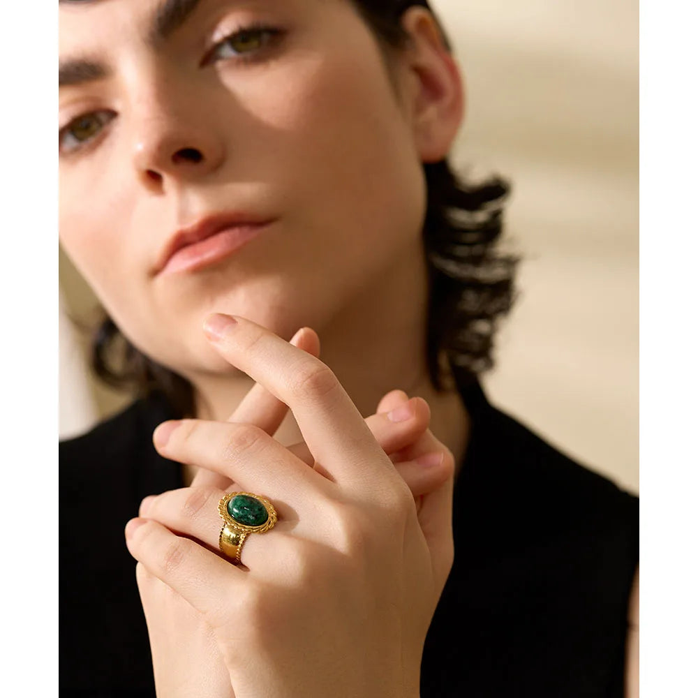 Yhpup Stainless Steel Wide Chunky Ring Inlaid Tiger Natural Stone Jewelry Trend Europe Bijoux Vintage Stylish Statement - YDKM