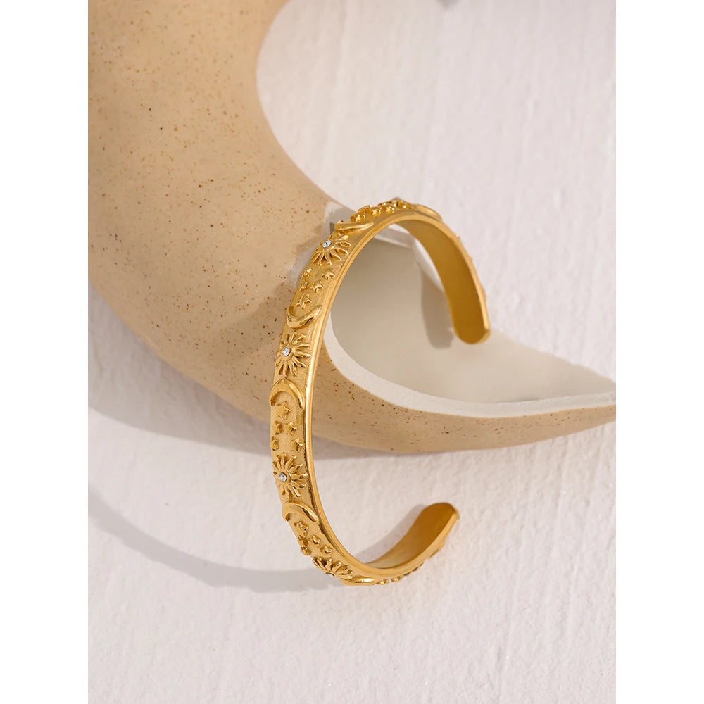 Yhpup Golden Stainless Steel Moon Star Sun Bangle Bracelet  Stylish Metal Open Wrist браслеты на руку женкие Party Gift - YDKM