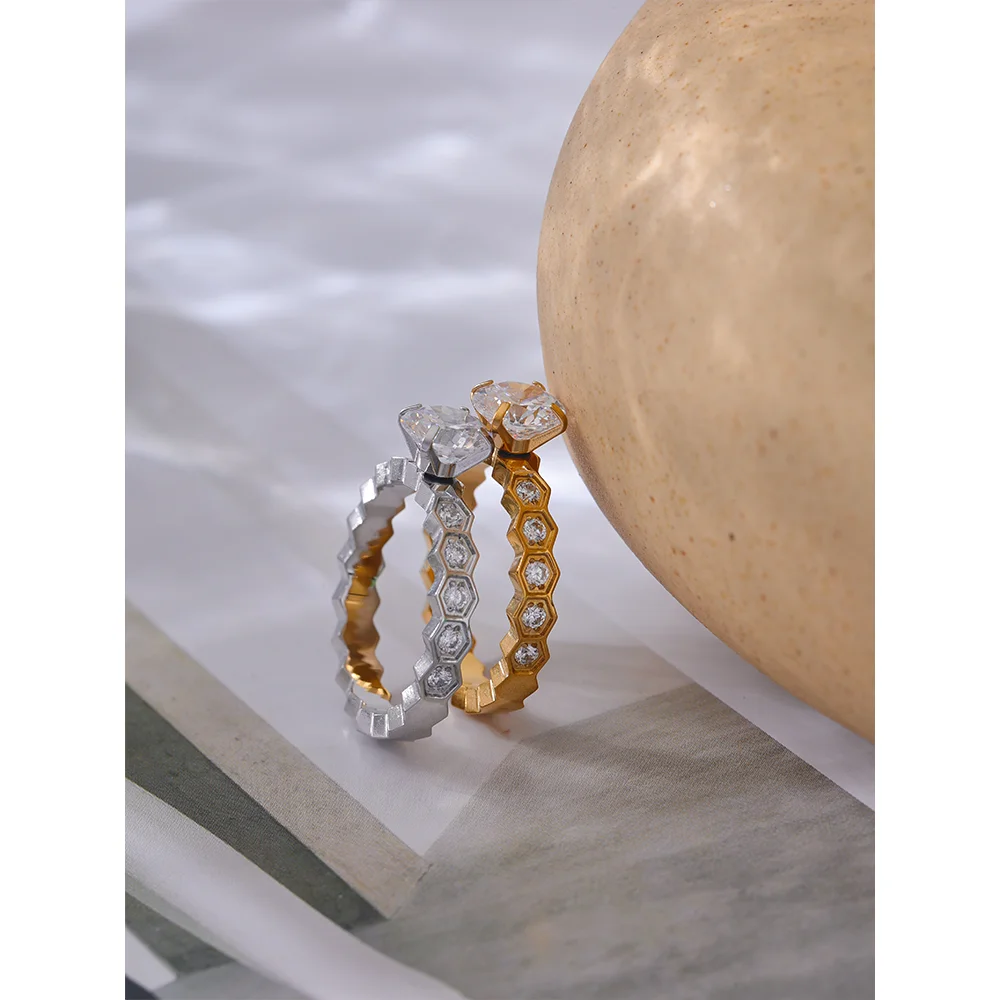 Yhpup Luxury AAA Bling Cubic Zirconia Classic Ring 2024 Stainless Steel CZ 18k Gold PVD Plated Fashion Exquisite Jewelry Gift - YDKM