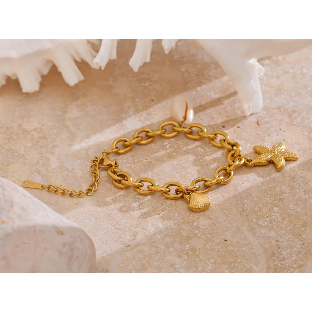 Yhpup Stainless Steel 18K Gold PVD Plated Metal Chain Waterproof Ocean Pendant Charm Starfish Shell Accessories Holiday Jewelry - YDKM
