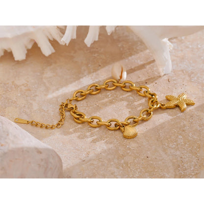 Yhpup Stainless Steel 18K Gold PVD Plated Metal Chain Waterproof Ocean Pendant Charm Starfish Shell Accessories Holiday Jewelry - YDKM