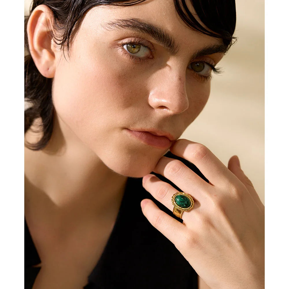 Yhpup Stainless Steel Wide Chunky Ring Inlaid Tiger Natural Stone Jewelry Trend Europe Bijoux Vintage Stylish Statement - YDKM