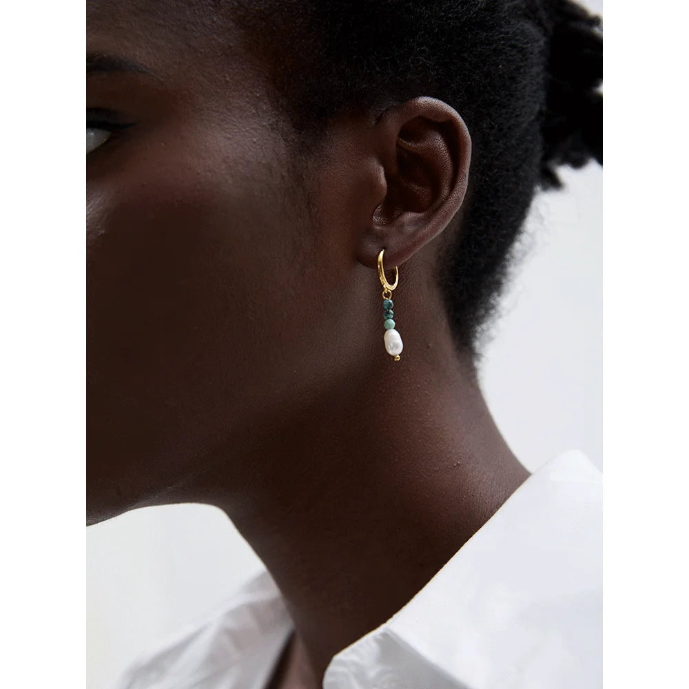 Yhpup Exquisite Stainless Steel Natural Stone Freshwater Pearl Bead Drop Hoop Earrings Fashion Daily Handmade Jewelry Bijoux - YDKM