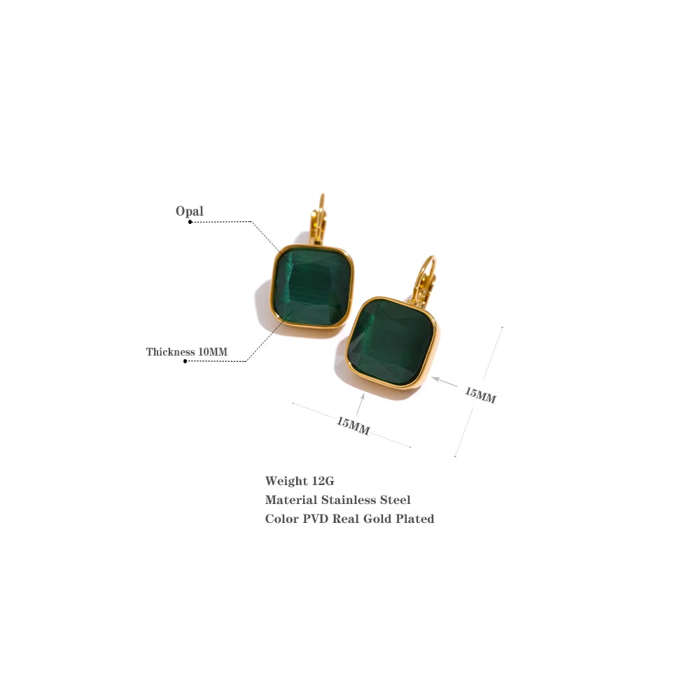 Yhpup Delicate Colorful Vintage Charm Square Opal Stone French Hook Earrings Stainless Steel 18k Gold Plated Waterproof Jewelry - YDKM