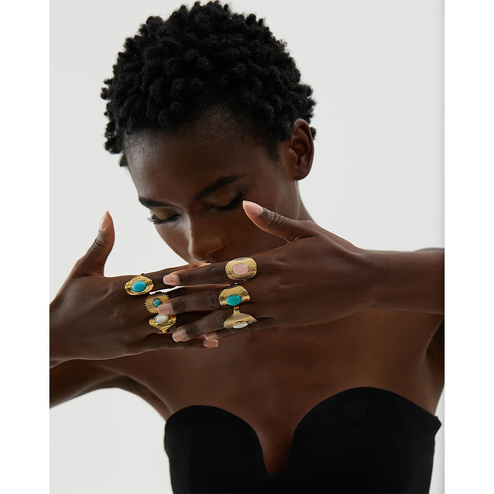 Yhpup Stainless Steel Natural Stone Pink Green Turquoise Hyperbolic Ring Women Bohemian Stylish Adjustable Big Summer Jewelry - YDKM