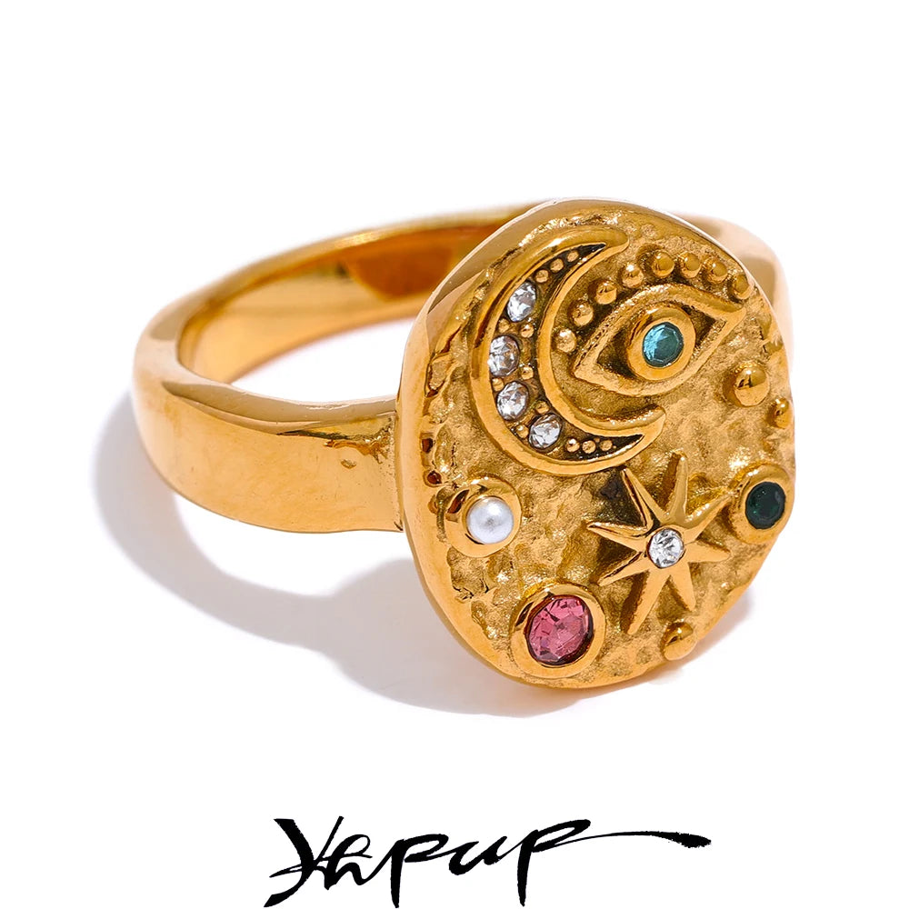 Yhpup Stainless Steel Star Moon Eye Charms Ring Colorful CZ Zirconia 18K Gold Color High Quality Celestial Jewelry Women Gala - YDKM
