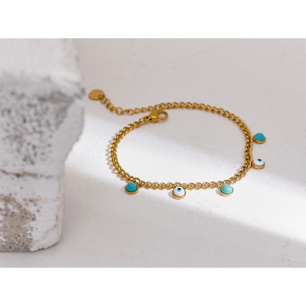 Yhpup Stainless Steel Turquoise Stone Resin Eye Charm Fashion Bracelet Bangle Golden Daily Trendy Jewelry for Female Браслет - YDKM