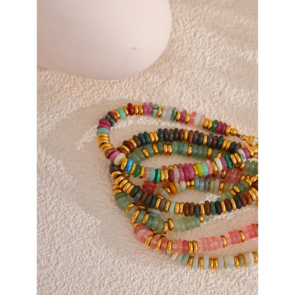 Yhpup Colorful Natural Stone Beads Chain Handmade Bracelet Bangle Waterproof Bohemia Stainless Steel Y2K Trendy Jewelry Gift - YDKM