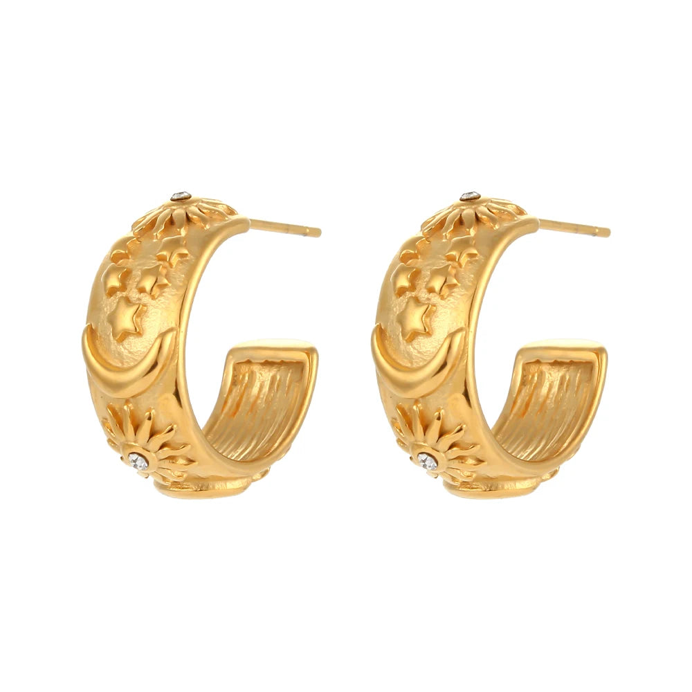 MamacitaSlay Stainless Steel 18K Gold Plated Zircon Sun Moon Star Earrings Party Trend Mixed Color Waterproof Jewelry Gift - YDKM