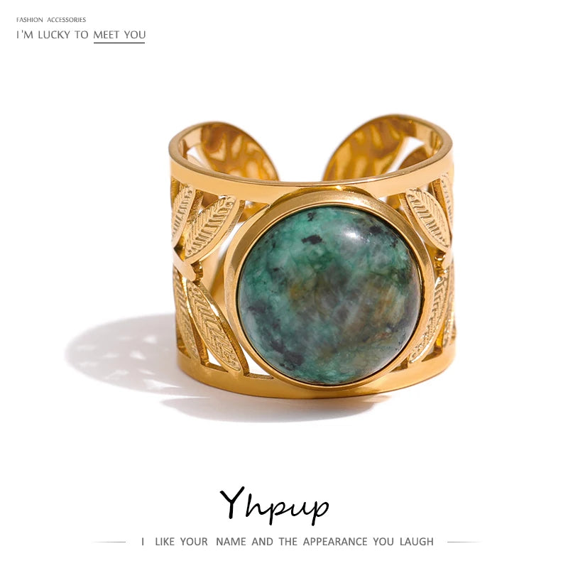 Yhpup Stainless Steel Green Natural Turquoise Opening Ring Statement Golden 18 K Plated Ring bague acier inoxydable Gift New - YDKM