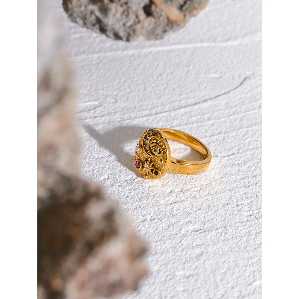 Yhpup Stainless Steel Star Moon Eye Charms Ring Colorful CZ Zirconia 18K Gold Color High Quality Celestial Jewelry Women Gala - YDKM