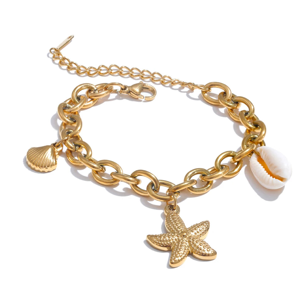 Yhpup Stainless Steel 18K Gold PVD Plated Metal Chain Waterproof Ocean Pendant Charm Starfish Shell Accessories Holiday Jewelry - YDKM