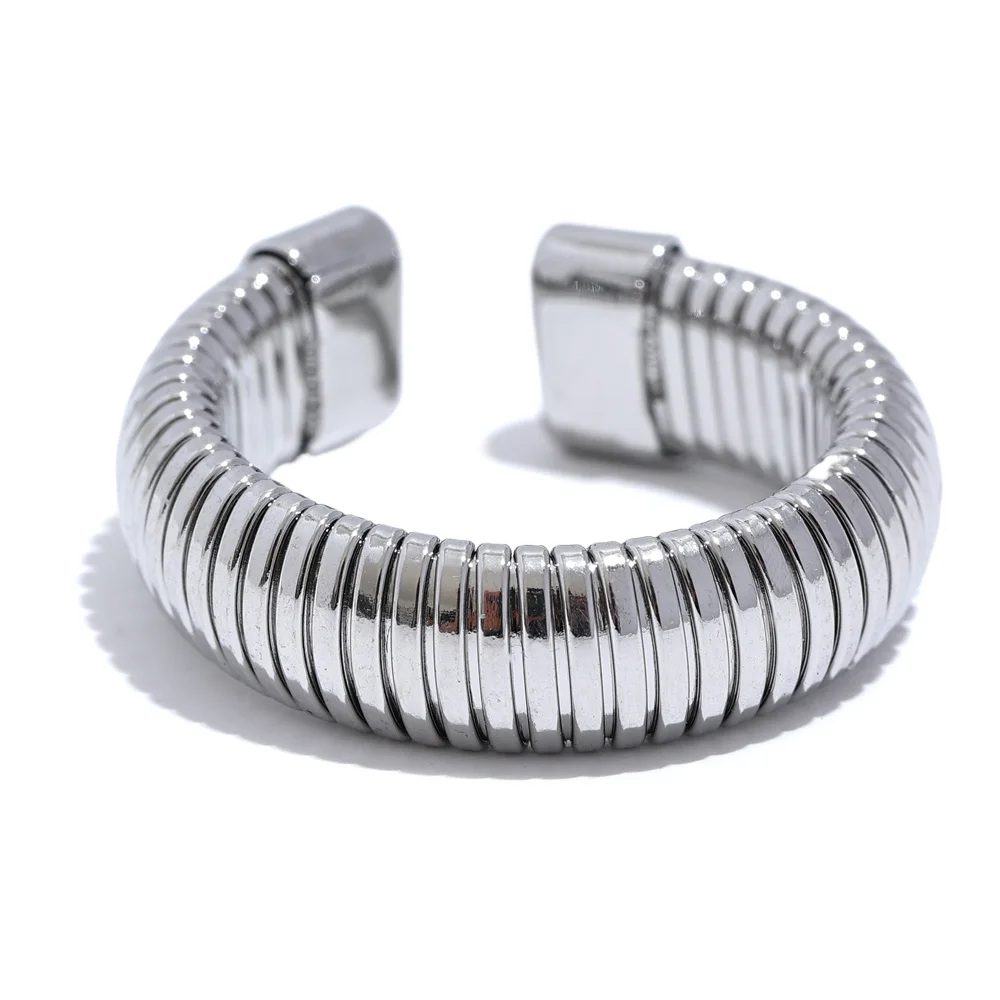 Yhpup Fashion Stainless Steel Round Elastic Open Ring Minimalist 18K PVD Plated Metal Classic Texture Jewelry Anillo Bijoux - YDKM