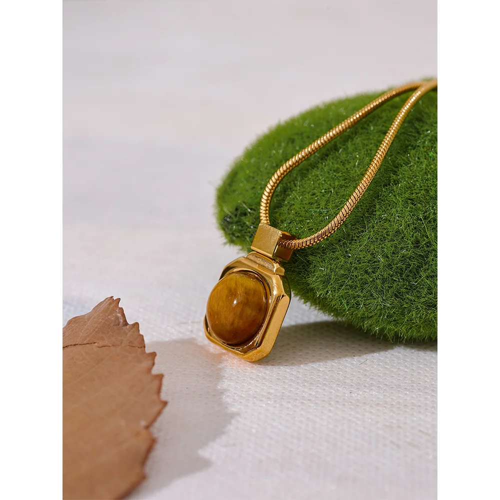 Yhpup High Quality Natural Tiger Stone Square Pendant Necklace Rust Proof Gold Color Fashion Collar Versatile Jewelry Gift - YDKM