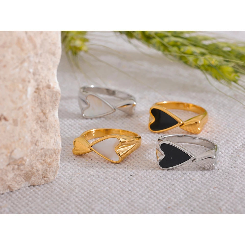 Yhpup Shell Acrylic Heart Stainless Steel Stylish Ring for Women Charms Metal Texture Waterproof Golden Jewelry Gala Gift - YDKM